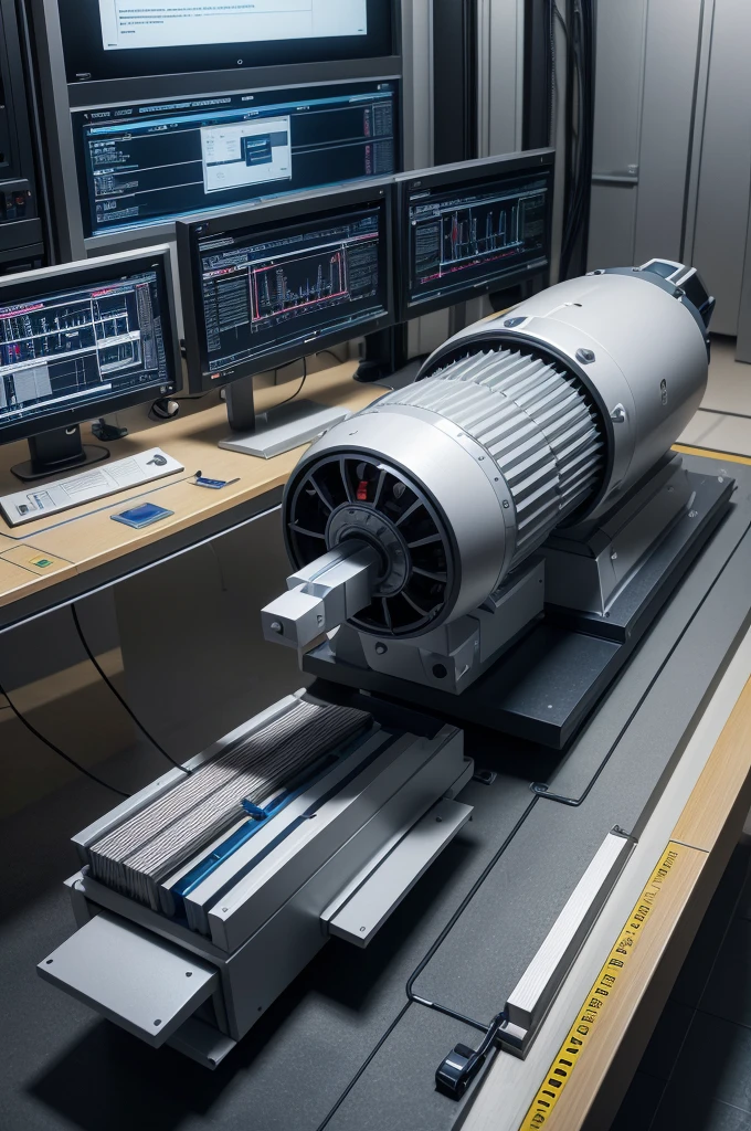 Create a detailed image of a working linear accelerator. The image must show the equipment generating radiation beams with millimeter precision, and include a computer with advanced dose calculation software in the background. Add technical elements that demonstrate the high technology involved in the process.
