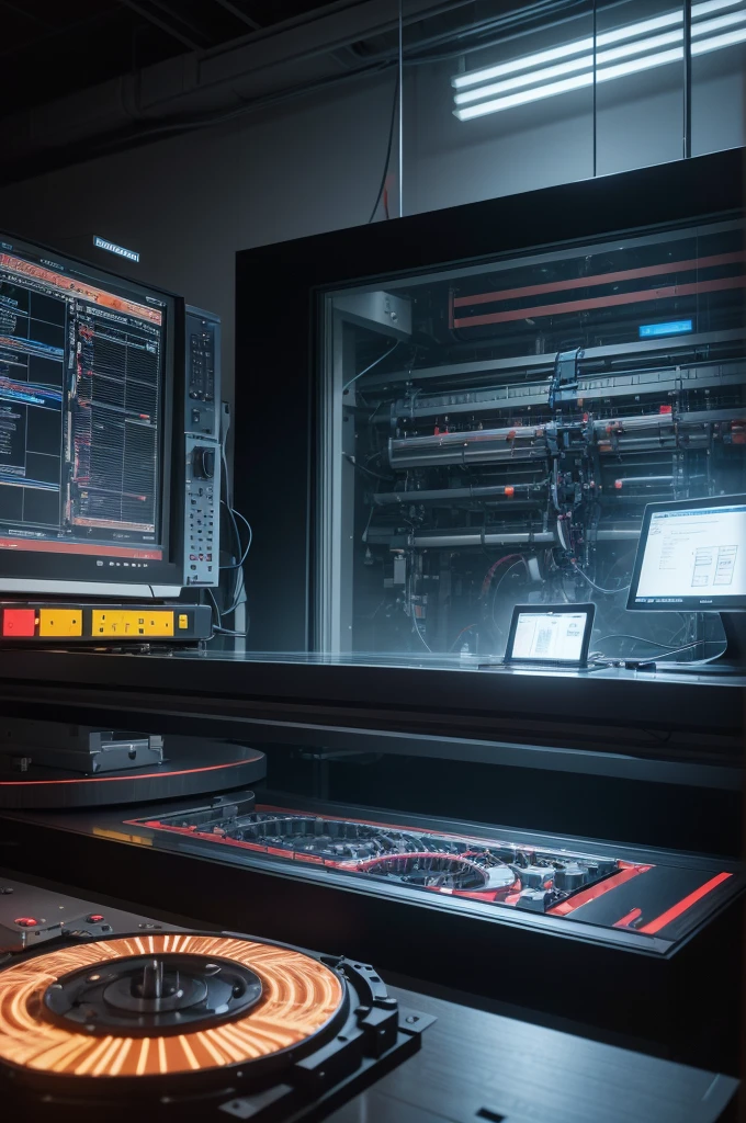 Create a detailed image of a working linear accelerator. The image must show the equipment generating radiation beams with millimeter precision, and include a computer with advanced dose calculation software in the background. Add technical elements that demonstrate the high technology involved in the process.