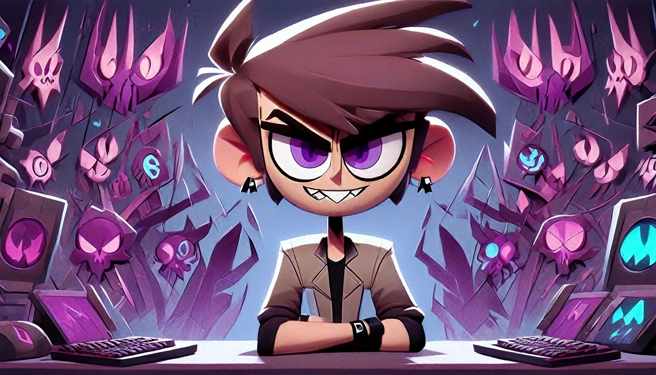 HazbinStyle, a cartoon character boy in e-sports player style with blue and purple tones