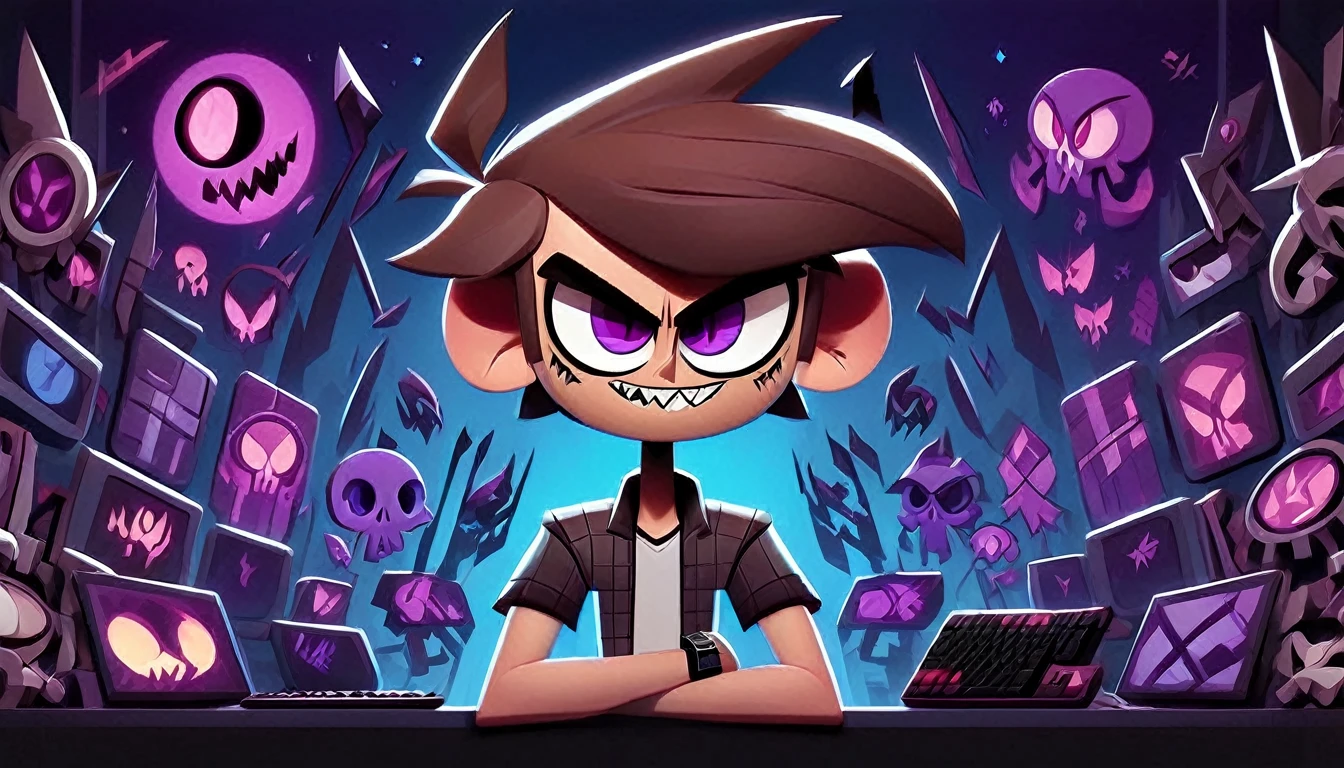 HazbinStyle, a cartoon character boy in e-sports player style with blue and purple tones