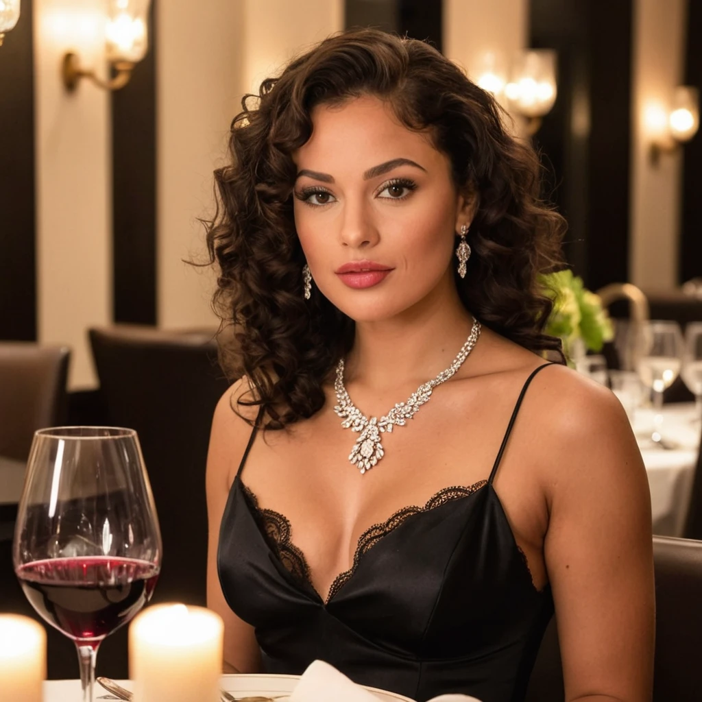 beautiful brazilian, (((round face shape with soft features, prominent cheekbones, delicate jaw, slightly rounded chin, medium forehead with natural, wavy hairline))), (((black hair color, curly, high volume, curls))), natural, full eyebrows, (((contemplative pose, sitting at the dining table in a high-end restaurant, with a glass of red wine in hand, Soft, elegant candle lights reflect off crystal cutlery and glasses, creating a sophisticated and welcoming atmosphere))). (((Wide medium shot, showing the character from the thigh up, with a background of luxurious interiors, refined decoration and pendant lamps))). highy detailed, age 25, (((large, expressive eyes in dark brown color and tone))). (((Long nose at base, gently curved bridge, rounded nostrils in harmony with the face))). plump, well-defined lips, com volume natural, dark pink tone. high resolution, work of art. Pele realista Fitzpatrick V, with a natural golden tan, some soft freckles on the cheeks and nose. curvy and athletic body, typical of Brazilian women. ((Wearing a black silk dress with lace details, elegant and sophisticated)). Excellent quality, extremely detaild, sharp focus, ((shooting with Canon EOS R5, lente RF 50mm f/1.2L USM)), Brazilian style vibrant color vision. Proportionate Body, fotorrealism, fot (film grain) (((Soft, warm lighting with candle lights and mood lamps, creating an intimate and elegant atmosphere))) Em primeiro plano.