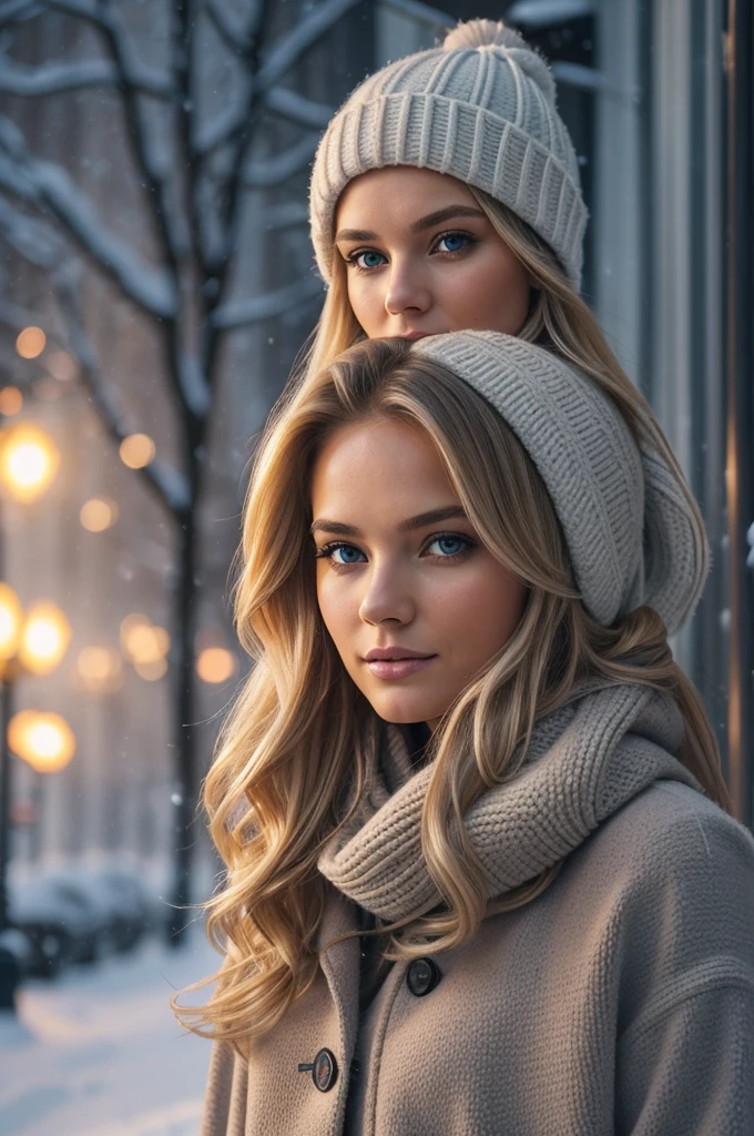 proFessional portrait photograph oF a gorgeous Norwegian girl in winter clothing with long wavy blonde hair, sultry Flirty look, gorgeous symmetrical Face, sweet natural makeup, wearing elegant warm winter Fashion clothing, ((standing outside in a snowy city street)), stunning modern urban environment, ultra realist, conceptual art, elegant, muito detalhado, complicated, sharp Focus, depth oF Field, F/1. 8, 85mm, medium shot, medium shot, (((proFessionally color graded))), bright soFt diFFused light, (volumetric Fog), Trending on Instagram, hdr 4k, 8k