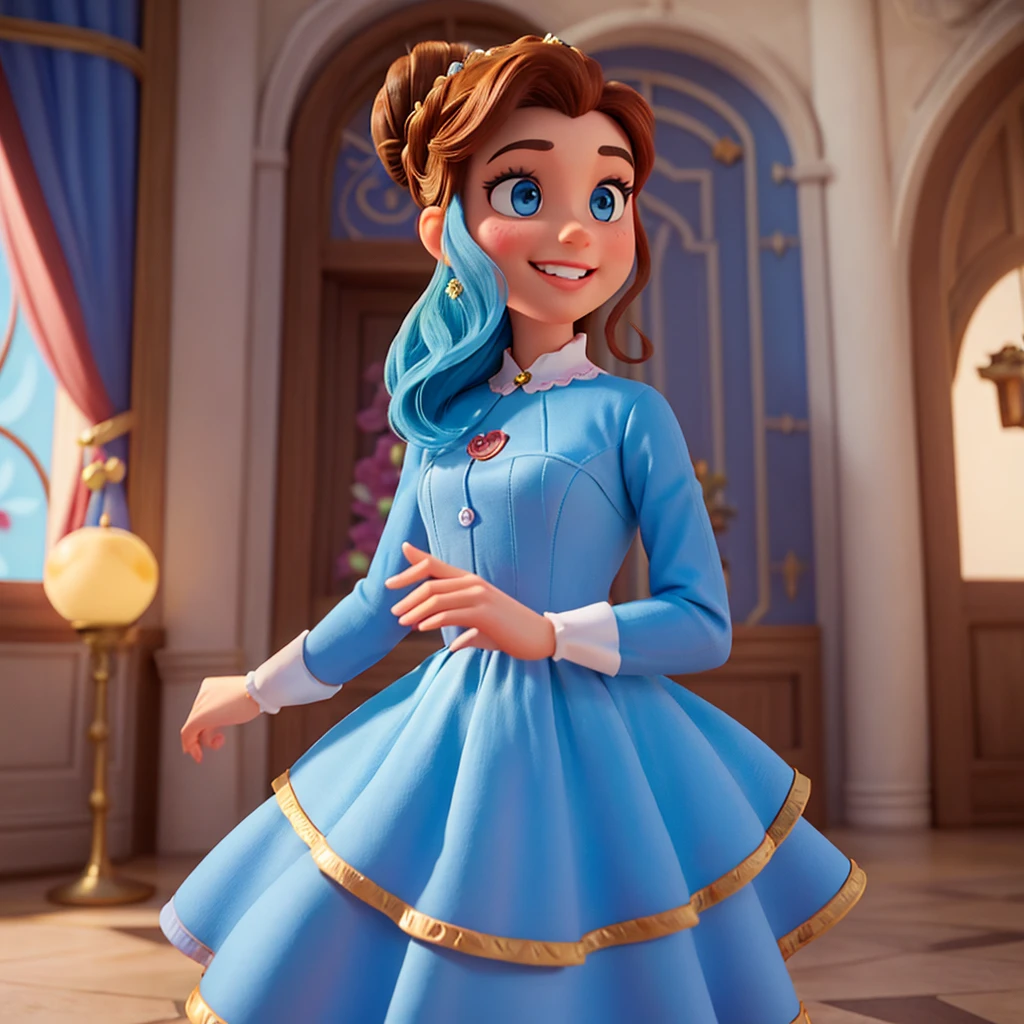 Affiche 3D inspirée de Disney Pixar, Une femme élégante,princesse, yeux bleue , cheveux marron foncé en chignon , sourire heureux, En robe de princesse rose , elle est dans un chateau majestueux
