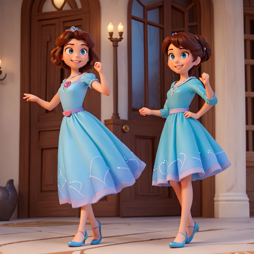 Affiche 3D inspirée de Disney Pixar, Une femme élégante,princesse, yeux bleue , cheveux marron foncé en chignon , sourire heureux, En robe de princesse rose , elle est dans un chateau majestueux