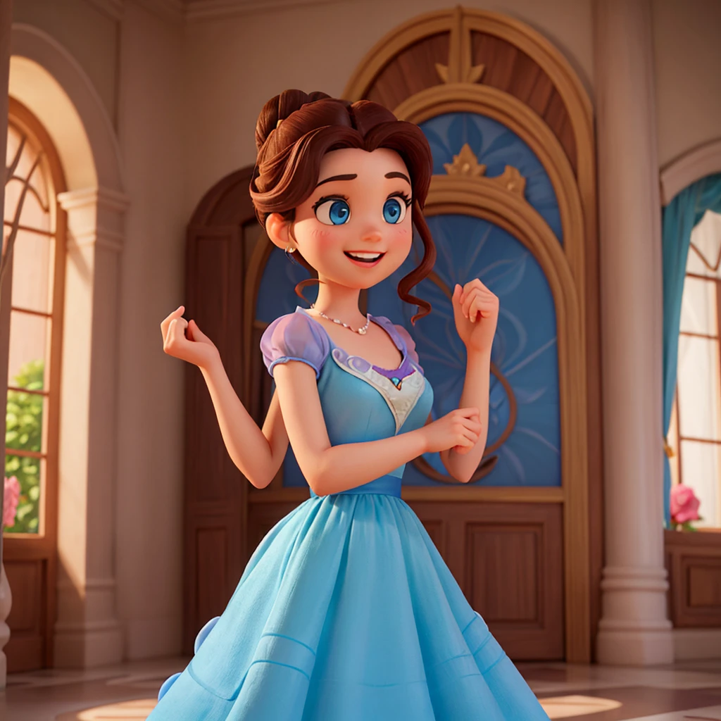 Affiche 3D inspirée de Disney Pixar, Une femme élégante,princesse, yeux bleue , cheveux marron foncé en chignon , sourire heureux, En robe de princesse rose , elle est dans un chateau majestueux