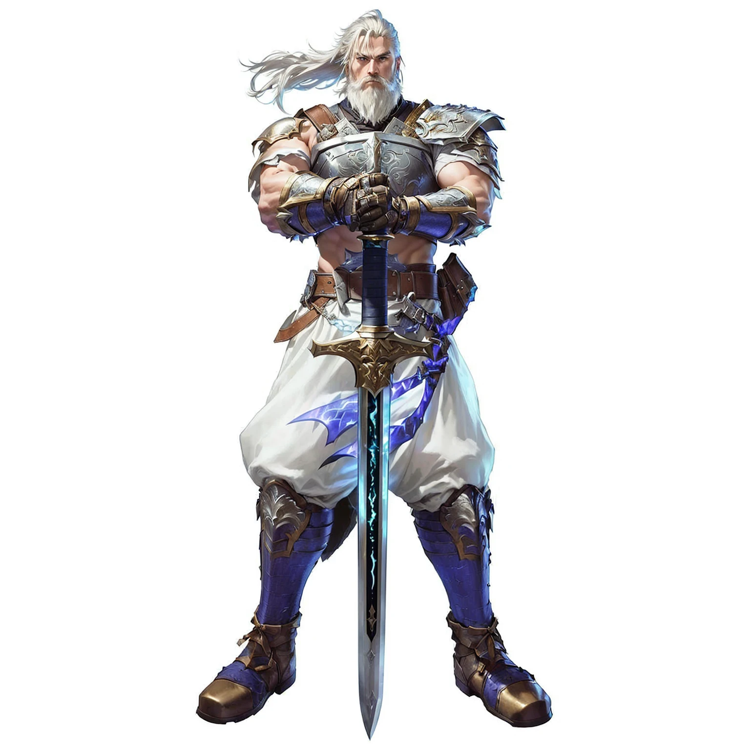 a close-up of a person holding a sword and a sword, picture of an adult male warrior, jrpg character art, picture of a male Cleric, Alma Calibur, barbarian class, jrpg character, fighting game character, rpg character, a human male paladin, Cleric, male paladin, male warrior, rpg character art, with big sword, greybeard, Realistic cinematic image, 8k, volumetric lighting.