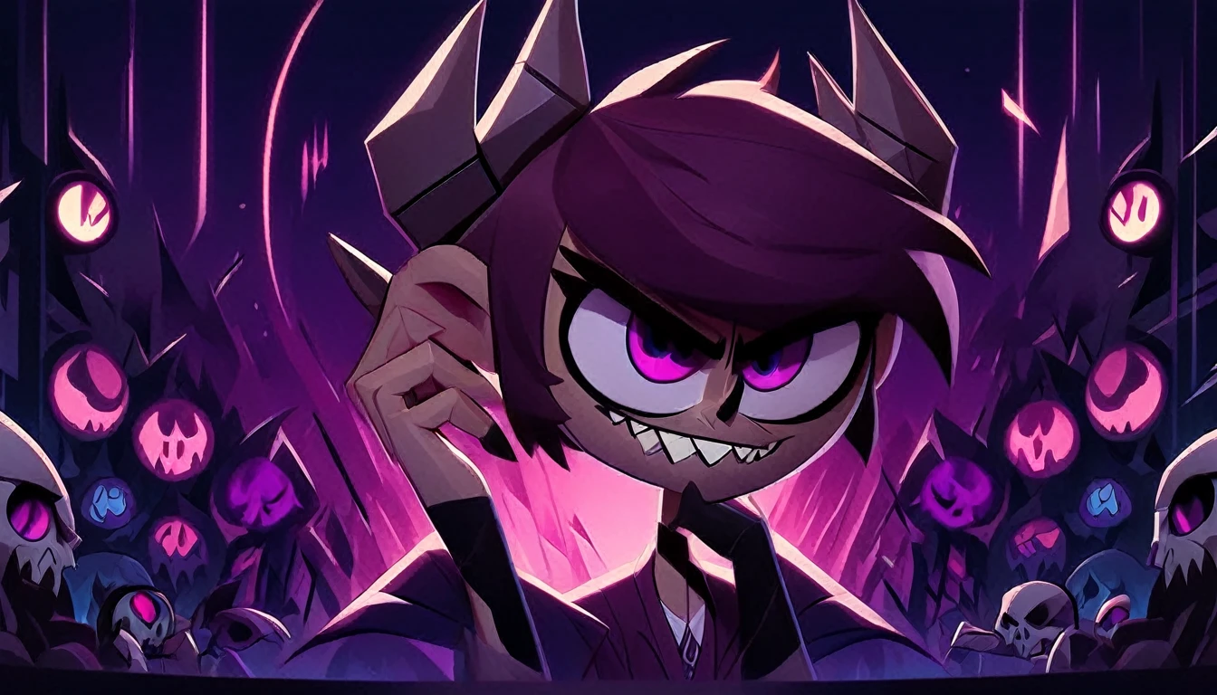 HazbinStyle, a cartoon demon boy in e-sports player style with blue and purple tones