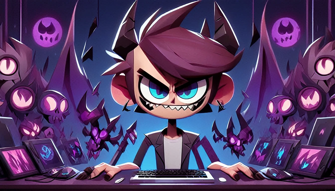 HazbinStyle, a cartoon demon boy in e-sports player style with blue and purple tones