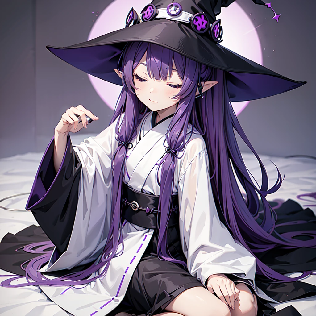 1 person. Anime girl with long purple hair and black robe. Pointy ears. Cute as in manga. Sitting  with eyes closed. Headphones. Witch hat on the ground. Clothes inside are white.