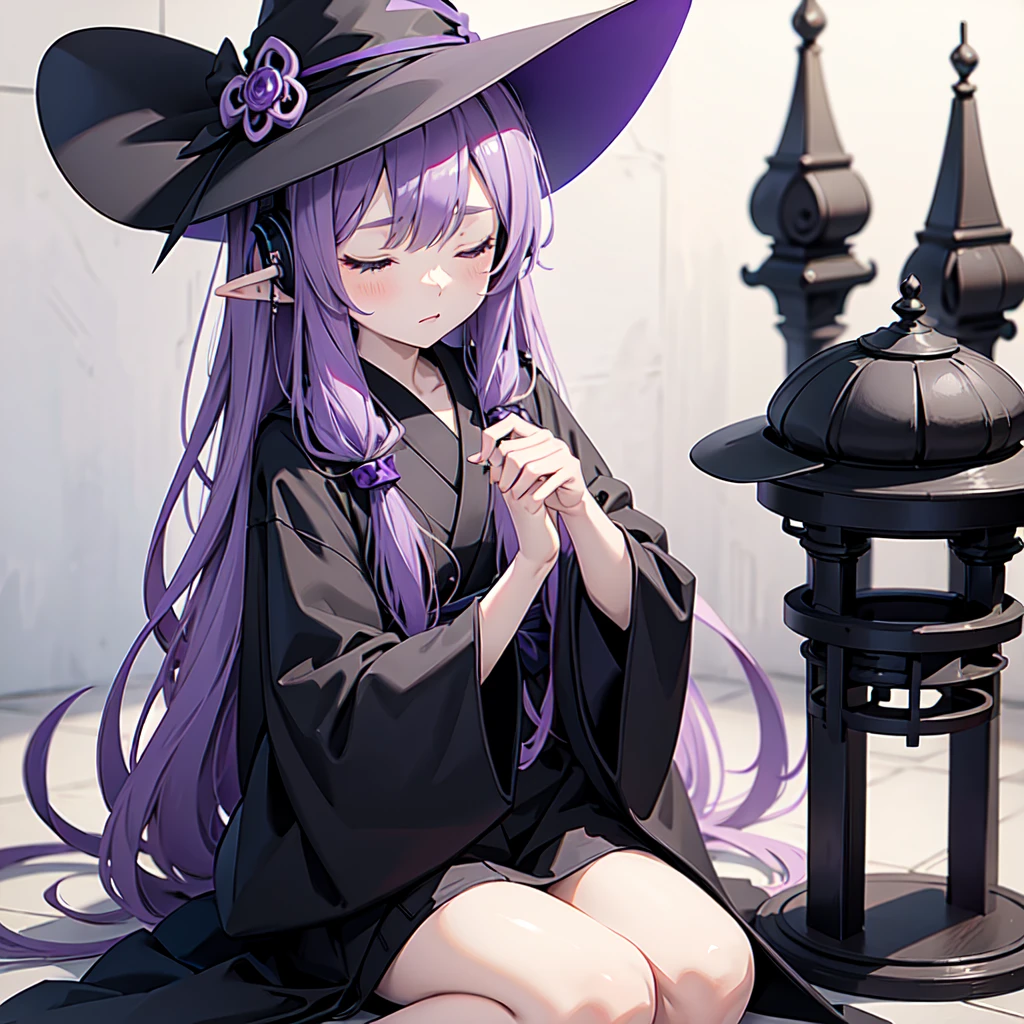 1 person. Anime girl with long purple hair and black robe. Pointy ears. Cute as in manga. Sitting with eyes closed. Headphones. Witch hat on the ground. Clothes inside are white.