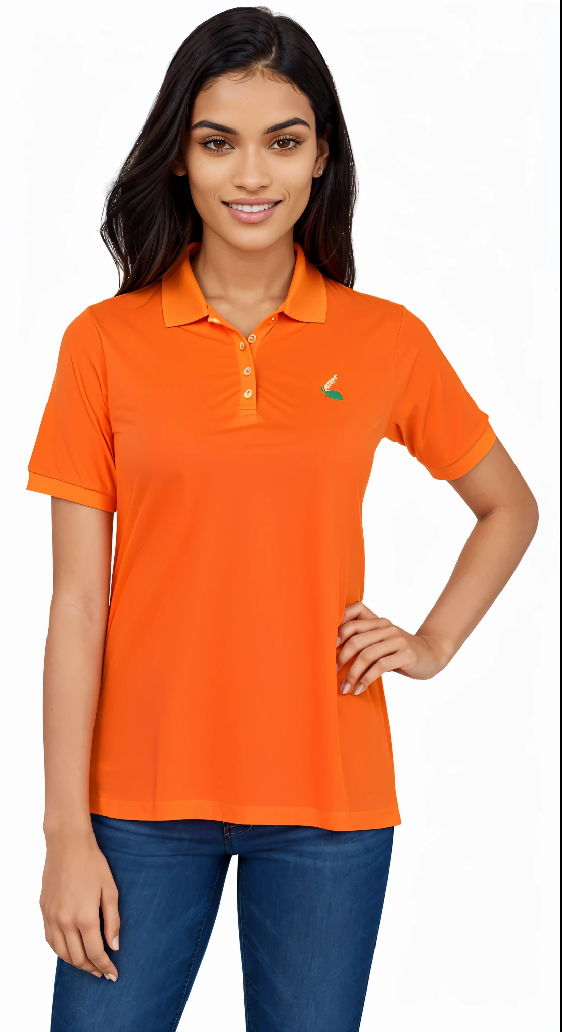 a close up of a woman in an laranja shirt posing for a picture, wearing an laranja t shirt, manga curta, wearing an laranja t-shirt, neon laranja, vestindo camisa polo, laranja, laranja color, very laranja, camisa de colarinho, laranja neon, 3/4 vista frontal, vibrant laranja, dark laranja, laranja body, laranja colors, laranja hue