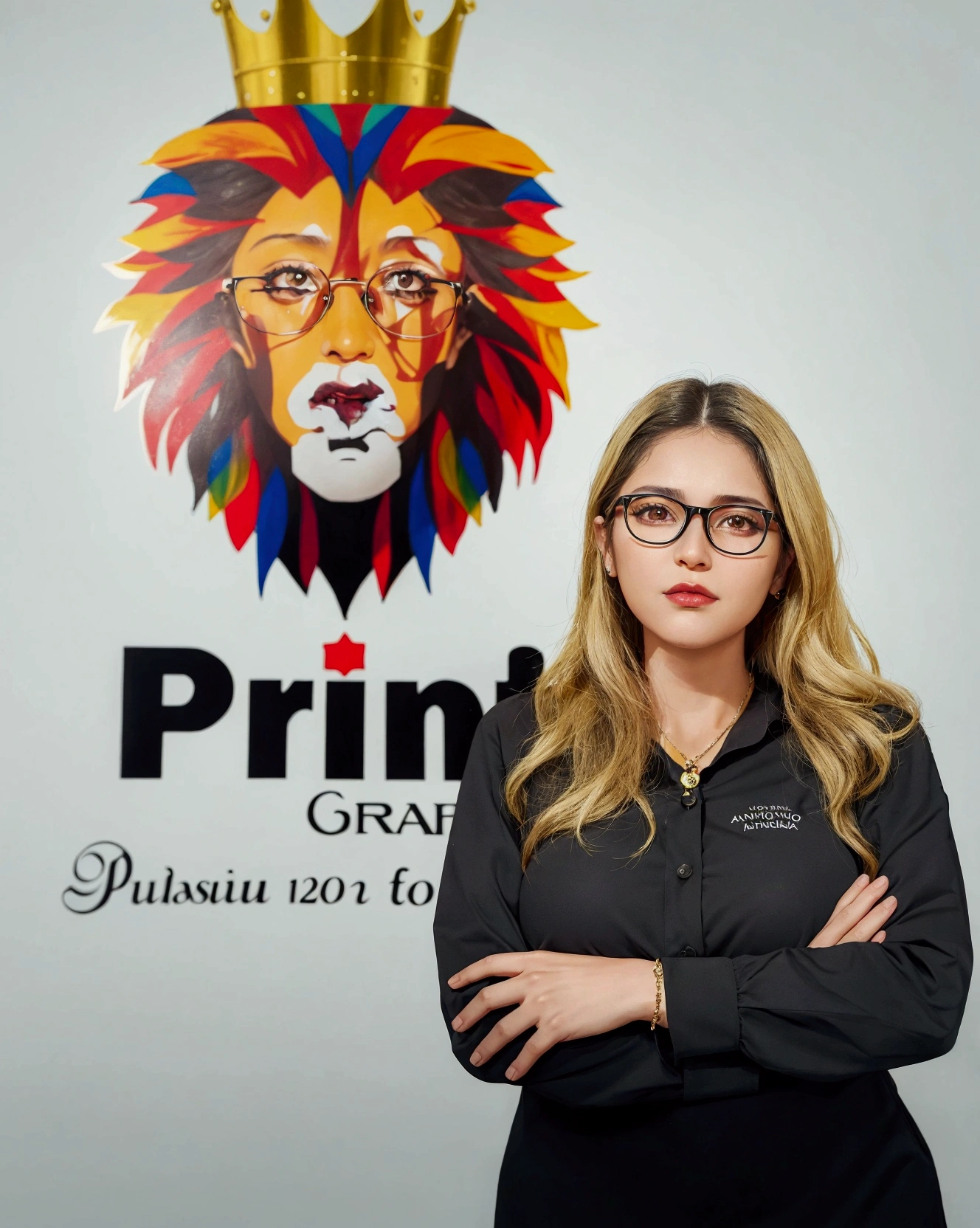puffy woman in a black shirt and glasses in front of a sign, chic, printer, by Antônio Parreiras, pilar, Julia Fontes, fernanda suarez, malika favre, Carolina Gariba, by Cesar Andrade Faini, by João Artur da Silva, by Veno Pilon