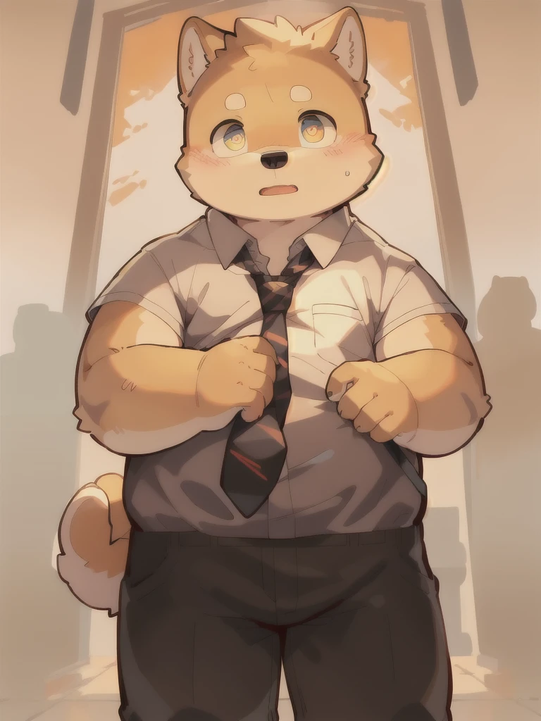 masterpiece, best quality, Perfect anatomical structure, Bright Eyes, Big watery eyes, Provided by RUHU1145, hairy, (Shiba Inu)，Boys, solitary，Shy，Black pants，White shirt，(tie)，(Chubby body)