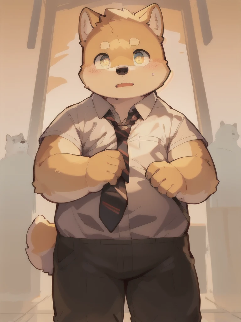 masterpiece, best quality, Perfect anatomical structure, Bright Eyes, Big watery eyes, Provided by RUHU1145, hairy, (Shiba Inu)，Boys, solitary，Shy，Black pants，White shirt，(tie)，(Chubby body)