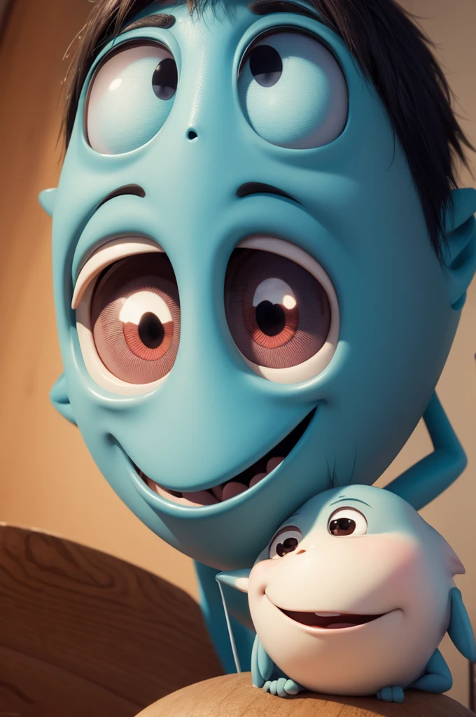 An emotion from Pixar's Fun Mind 2 with male curly hair brown eyes and q be cheerful