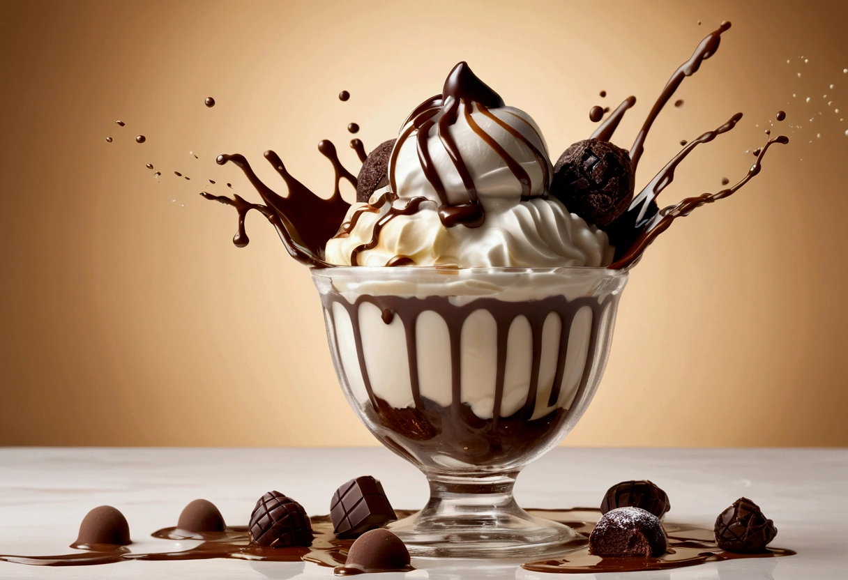 a picture of a sundae, yogurt and chocolate splashing in the elegant cream color background like in a commercial, everything in focus