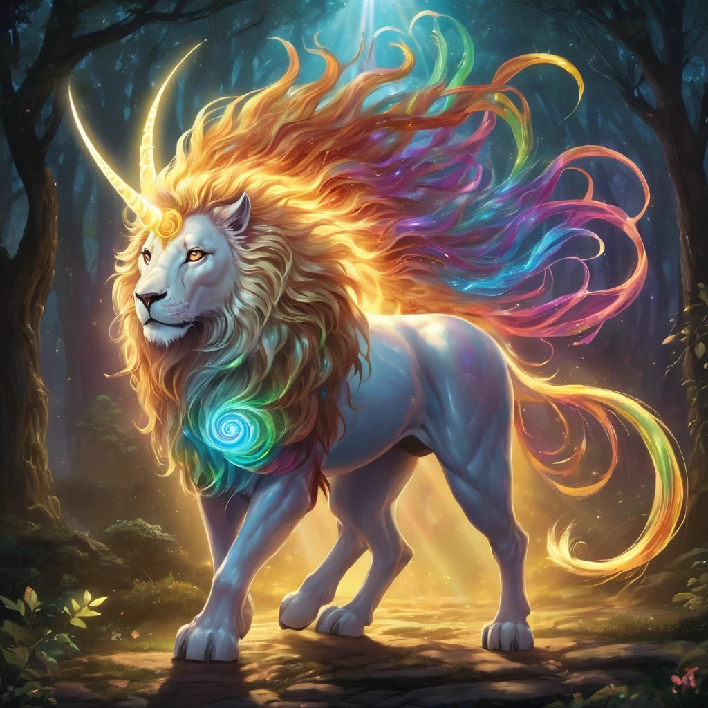 "A luminous unicorn-lion with a golden mane and a spiral horn. Its body emits a rainbow-colored light, illuminating the ground as it runs. The creature has a noble heart, guiding lost souls with its radiant presence. Its majestic and benevolent nature is evident in its every move."