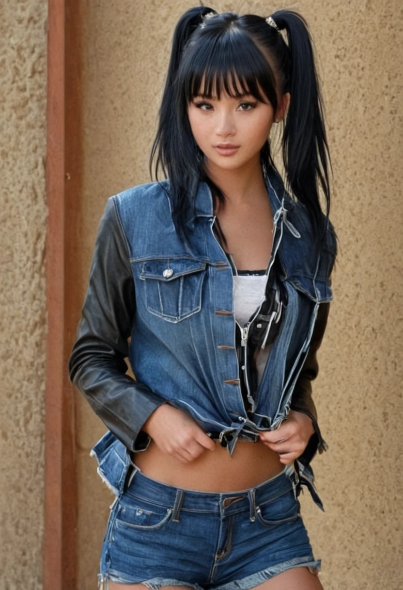 bellissima 1girl, solo, long hair, looking at viewer, black hair, double bun, bangs, open shirt, denim short, square shirt, leather jackets, zipper, cowboy shot