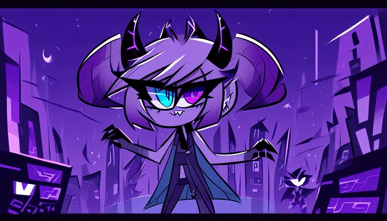 HazbinStyle, a cartoon demon boy in e-sports player style with blue and purple tones