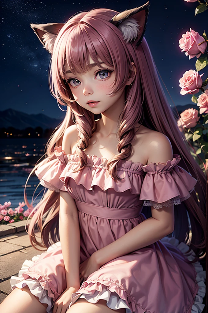 A young girl with cat ears and a tail in a frilly dress sits among scattered pink petals and roses. She is holding a small flower in her hand, looking up at him with a curious expression. Background - bright night sky, filled with stars.