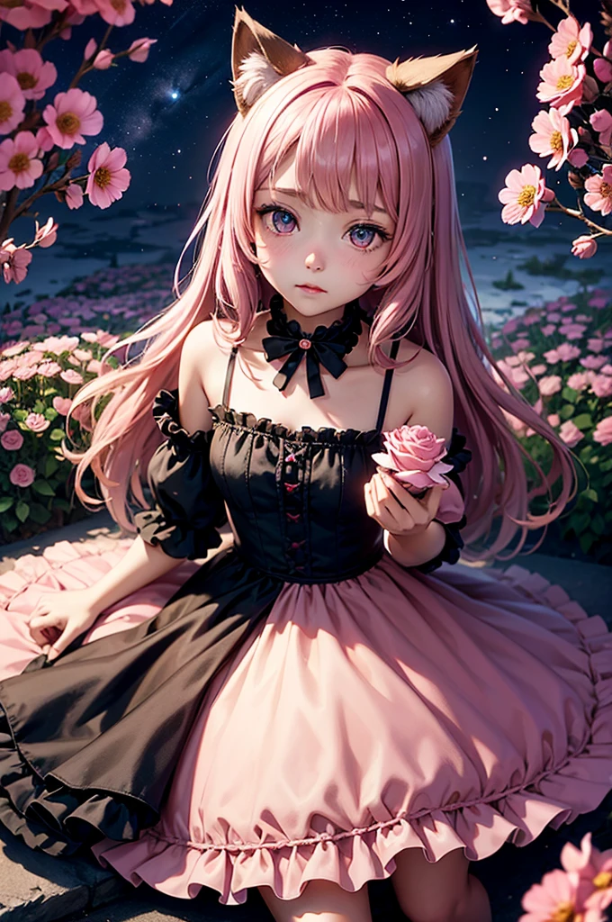 A young girl with cat ears and a tail in a frilly dress sits among scattered pink petals and roses. She is holding a small flower in her hand, looking up at him with a curious expression. Background - bright night sky, filled with stars.