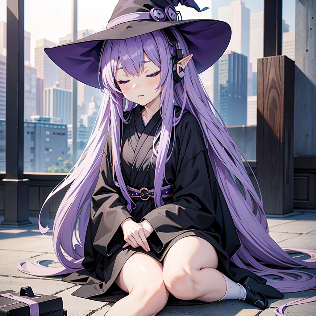 1 person. Anime girl with long purple hair and black robe. Pointy ears. Cute as in manga. Sitting with eyes closed. Headphones. Witch hat on the ground. Clothes inside are white.