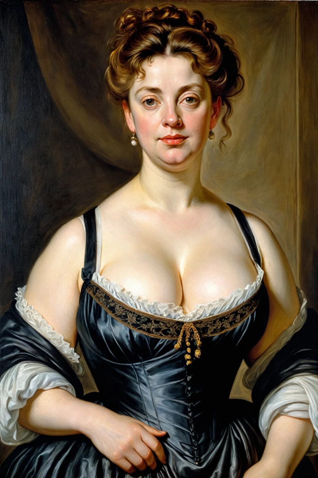 portrait painting of a thick Beautiful middle aged woman, extremely gorgeous, wearing a Victorian Camisole dress or chemise, by Peter Paul Rubens, in Peter Paul Rubens style, by Caravaggio, intricate, flawless, masterpiece, Best quality,