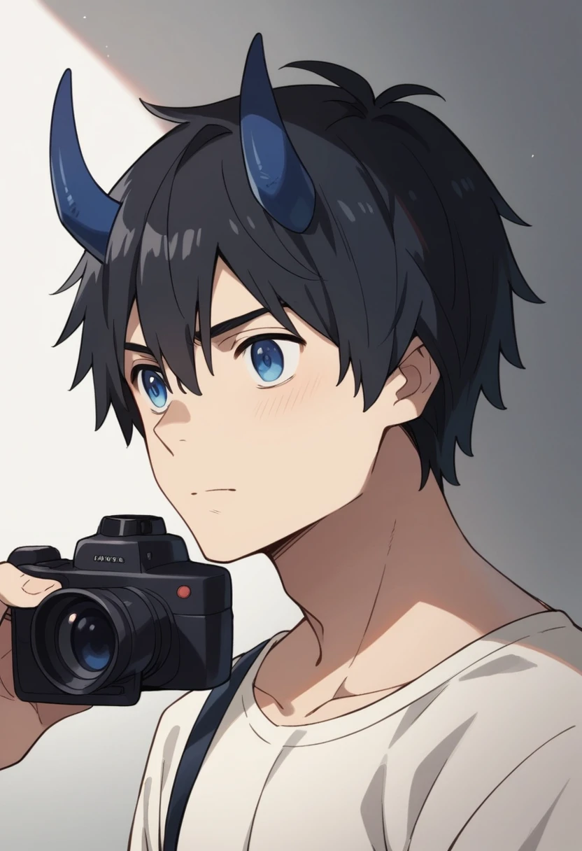 Anime boy, (portrait shoot), Blue eyes, medium length black hair, short blue horns on the head, looking at camera