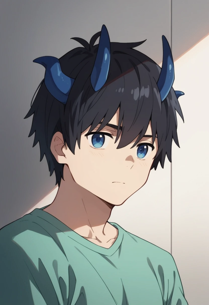 Anime boy, (portrait shoot), Blue eyes, medium length black hair, short blue horns on the head, looking at camera