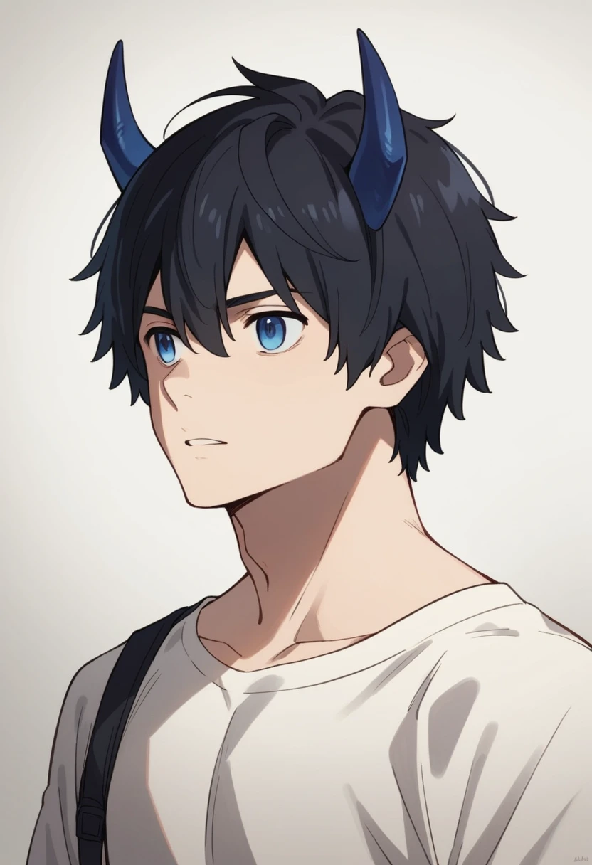 Anime boy, (portrait shoot), Blue eyes, medium length black hair, short blue horns on the head, looking at camera