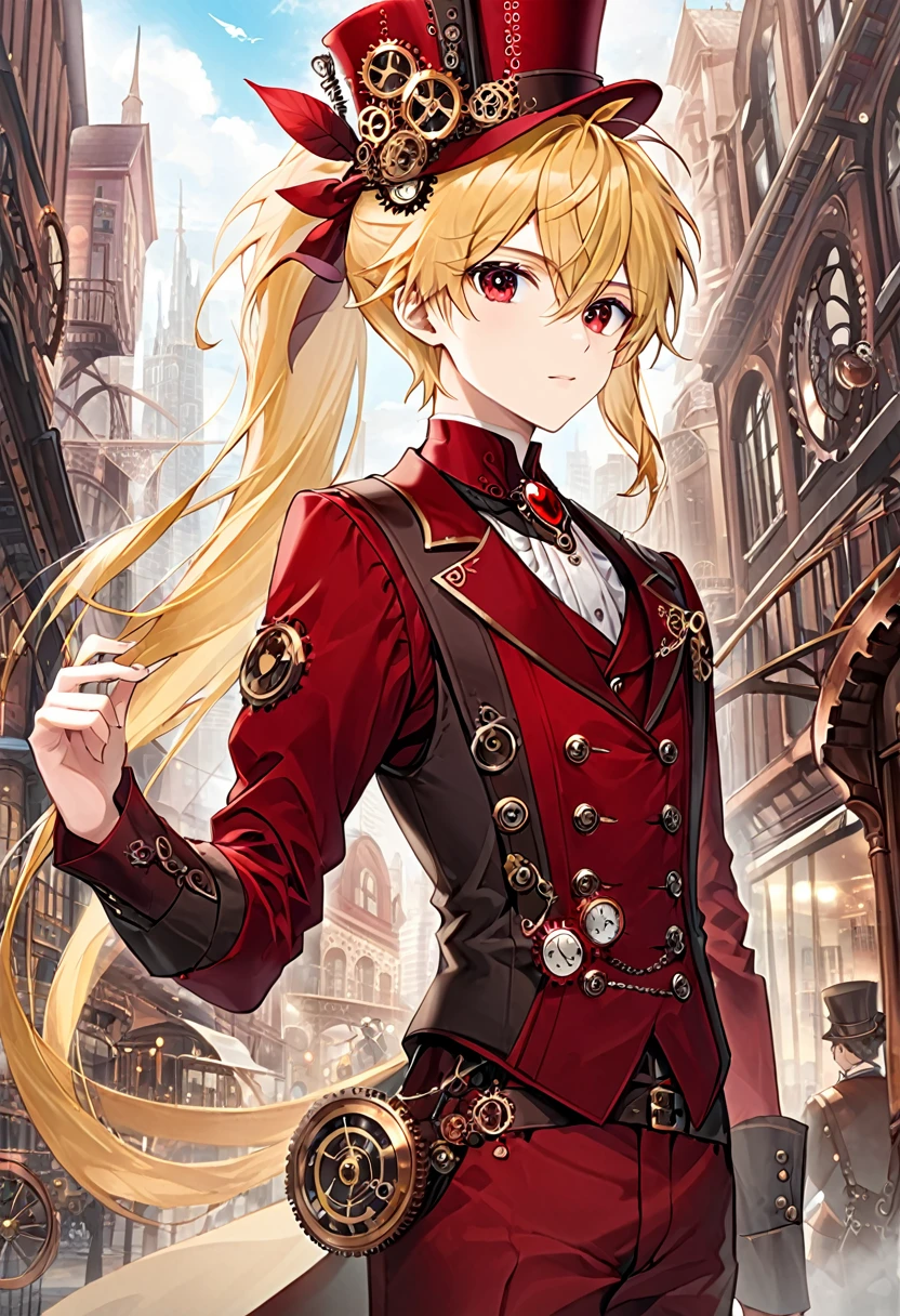 One young boy half-elf, red ruby eyes, beautiful face like girl, Long Ponytail blonde hair, in steampunk suit. City background. Hat.