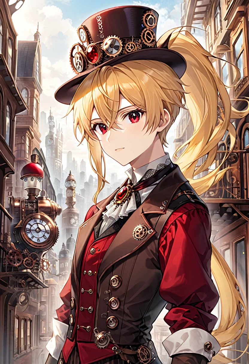 One young boy half-elf, red ruby eyes, beautiful face like girl, Long Ponytail blonde hair, in steampunk suit. City background. Hat.