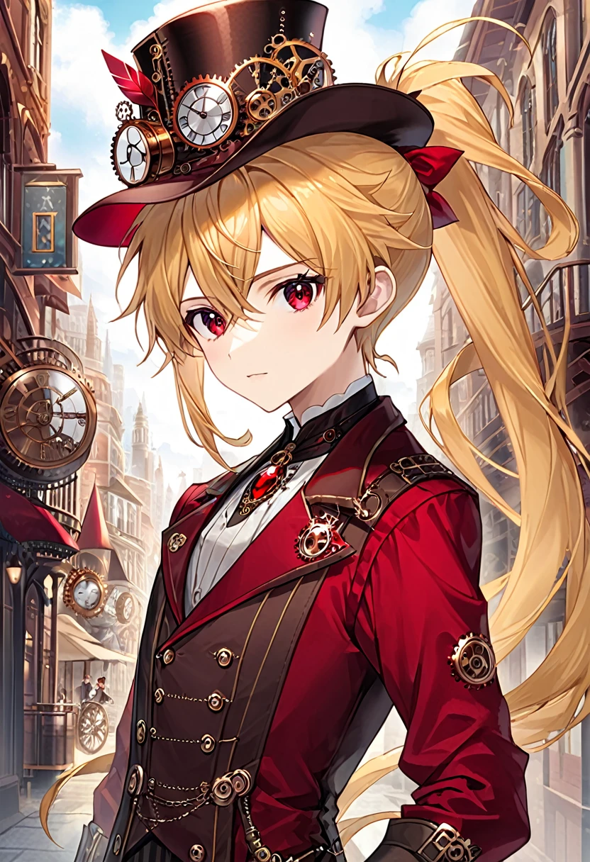 One young boy half-elf, red ruby eyes, beautiful face like girl, Long Ponytail blonde hair, in steampunk suit. City background. Hat.