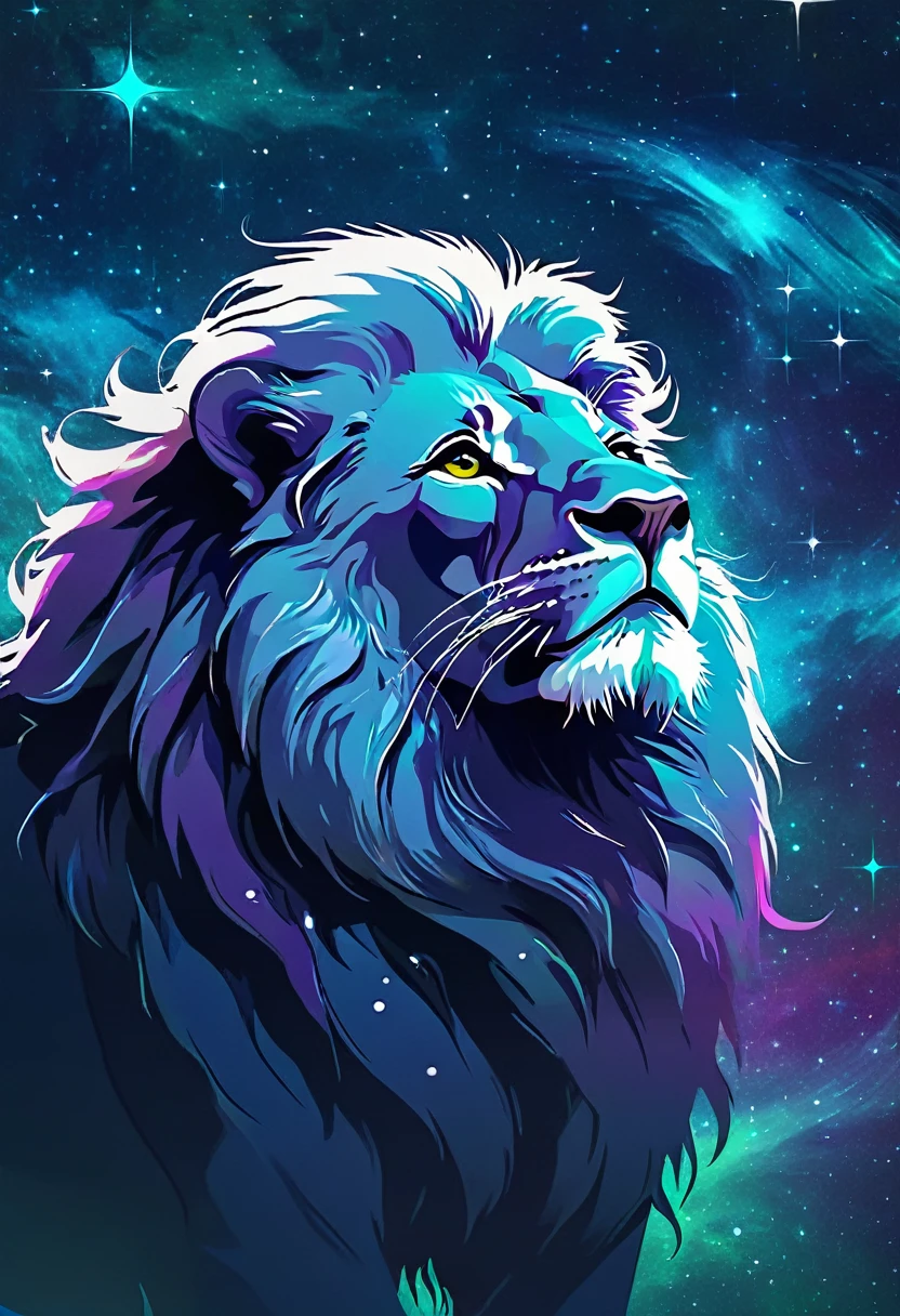 a lion silhouette composed by bright stars. Cosmic background