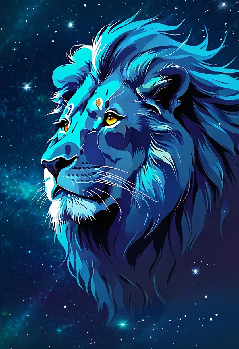 a lion silhouette composed by bright stars. Cosmic background