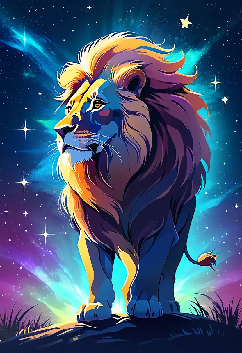 a lion silhouette composed by bright stars. Cosmic background