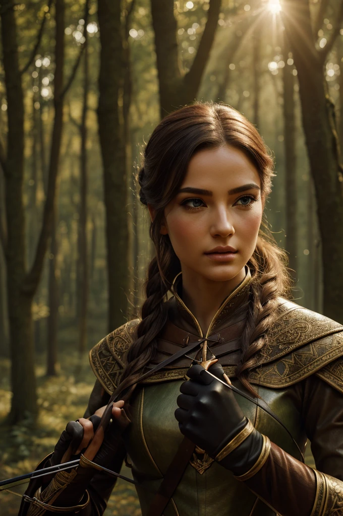a beautiful female archer, holding a bow, detailed face, beautiful eyes, long eyelashes, sharp nose, detailed lips, detailed skin, elegant posture, intricate archery outfit, detailed leather gloves, medieval forest background, sunlight filtering through trees, warm color palette, cinematic lighting, 8k, best