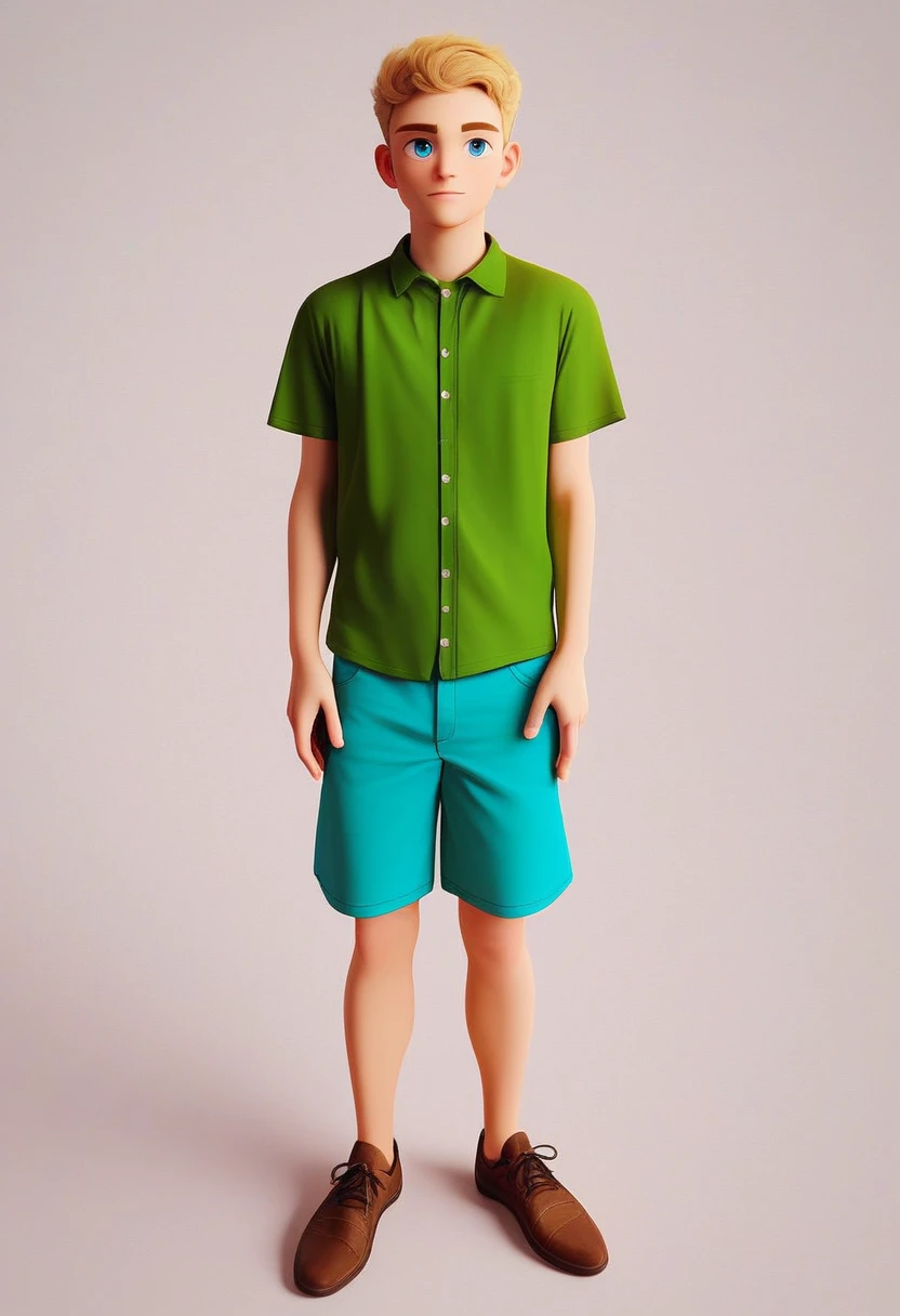 timmy_huckerdoo, 1boy, full body, solo, simple background, green shirt, light blue shorts, brown shoes with black laces, blonde hair, light blue eyes, standing, 3 white buttons on shirt