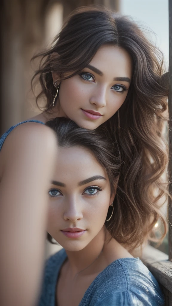 (raw, analogous term, Nikon Z 14mm Ultra Wide Angle Lens, Photography glamorosa premiada, ((Best Quality)), ((masterpiece)), ((realist)), skin pores, subsurface dispersion, rays of radiant light, high resolution, detailed facial features, High detail, Sharp focus, seeds, aesthetic, extremely detailed, (extremely detailed eyes, extremely detailed iris), extremely detailed hair, extremely detailed skin, extremely detailed clothes, Octane rendering, photorealist, realist, post processing, maximum detail, realist shadows, roughness, Natural skin texture, real life, ultra-realist, photorealism, Photography, 8k UHD, Photography, HdR, Intricate, elegant, Very detailed, Sharp focus, Awesome, beautiful, gorgeous), (masterpiece:1.2, Best Quality1:1, ultra detailed:1.2, best shadow, 8k:1.1), (massive city:1.3, ceiling:1.1, city structures below, railing), (contrasting background, bright background), (beautiful detailed face), high contrast, (perfect lighting:1.2, beautiful color, rare color), ((cinematic light)), showy, hyper detail, dramatic light, Intricate details, (1 girl, Alone, By the chestnut, smiling face, short hair, wavy fur:1.1, blue eyes, Dynamic Angle, White T-shirt, Cowboys, cowboy shot, arms down), depth of field