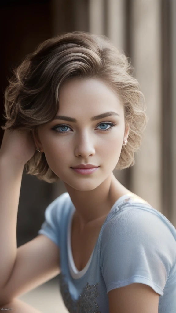(raw, analogous term, Nikon Z 14mm Ultra Wide Angle Lens, Photography glamorosa premiada, ((Best Quality)), ((masterpiece)), ((realist)), skin pores, subsurface dispersion, rays of radiant light, high resolution, detailed facial features, High detail, Sharp focus, seeds, aesthetic, extremely detailed, (extremely detailed eyes, extremely detailed iris), extremely detailed hair, extremely detailed skin, extremely detailed clothes, Octane rendering, photorealist, realist, post processing, maximum detail, realist shadows, roughness, Natural skin texture, real life, ultra-realist, photorealism, Photography, 8k UHD, Photography, HdR, Intricate, elegant, Very detailed, Sharp focus, Awesome, beautiful, gorgeous), (masterpiece:1.2, Best Quality1:1, ultra detailed:1.2, best shadow, 8k:1.1), (massive city:1.3, ceiling:1.1, city structures below, railing), (contrasting background, bright background), (beautiful detailed face), high contrast, (perfect lighting:1.2, beautiful color, rare color), ((cinematic light)), showy, hyper detail, dramatic light, Intricate details, (1 girl, Alone, By the chestnut, smiling face, short hair, wavy fur:1.1, blue eyes, Dynamic Angle, White T-shirt, Cowboys, cowboy shot, arms down), depth of field