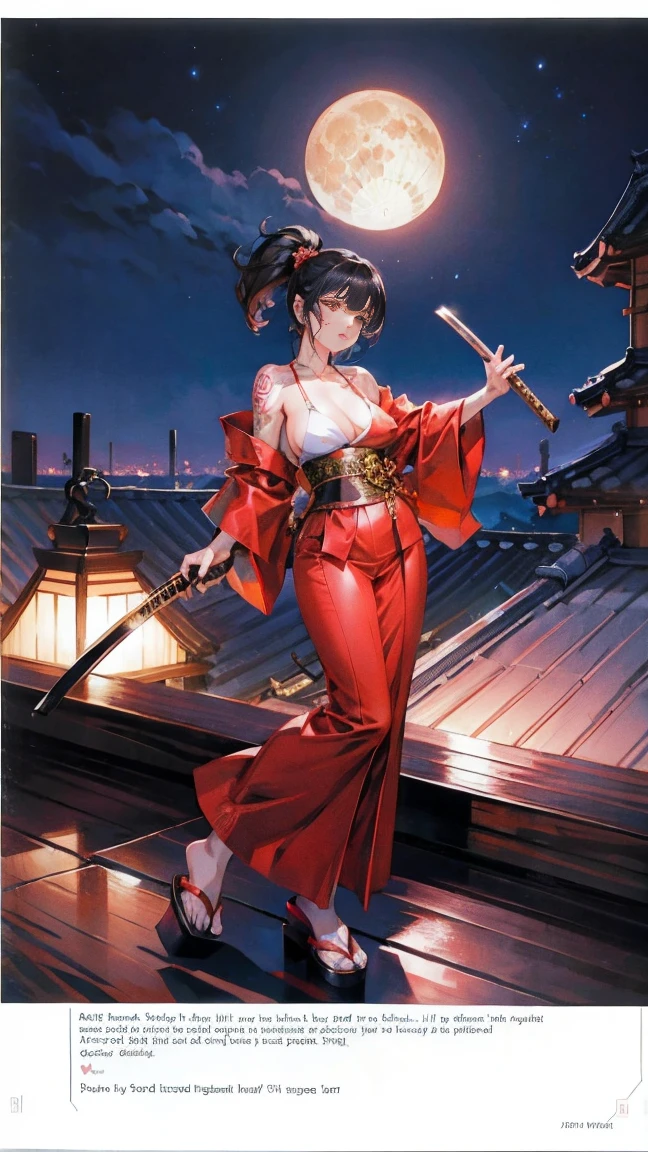 Yakuza Girl, in a silk kimono, dynamic pose, with a katana, It's night all around, roofs, moon, super detail, tattoos
