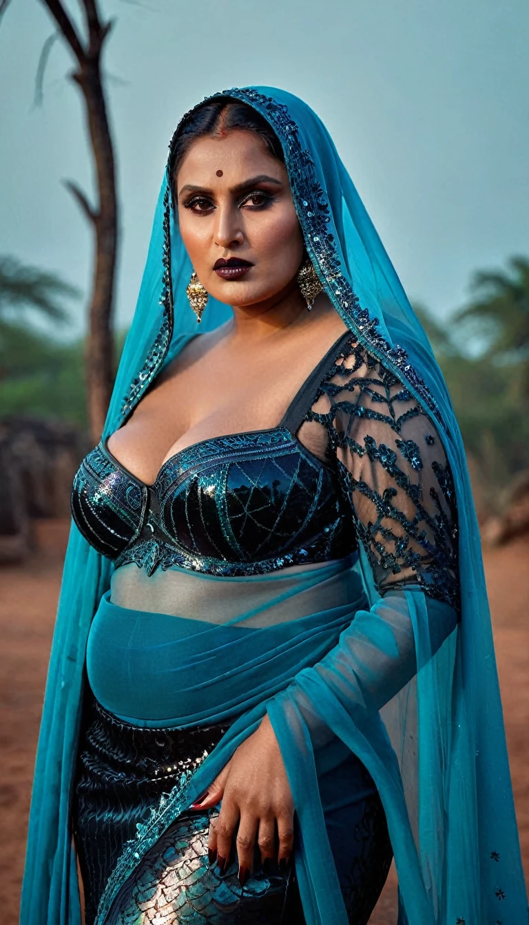 Looks like Huma Qureshi, full body Closeup shot, Big chubby aunty, milf, cougar lady witch, horny Gothic milf,  70 years old gorgeous mature lady, pervert demoness, demoness of lust, curvy, black lips, horny face, extremely gorgeous, thick figure, heavy physique, voluptuous, curvy, sexy figure, Fashionable portrait of androgynous alien looking witch wearing veil, glowing eyes, futuristic design, minimal details, givenchy, photoreal, 200mm, hd, f/ 2.0, highly detailed, surreal, sexy beautiful evil woman, sexy bold sequin Saree with strapless Bra, chudail, Pishachini, horror genre, blood-thirsty enchantress, powerful female spirit, eerie, drop dead, in the style of red and blue, (intricate details, hyperdetailed:1.15) (skin texture:1.2), dark Moody tone, cinematic lighting, haunted place in background, 