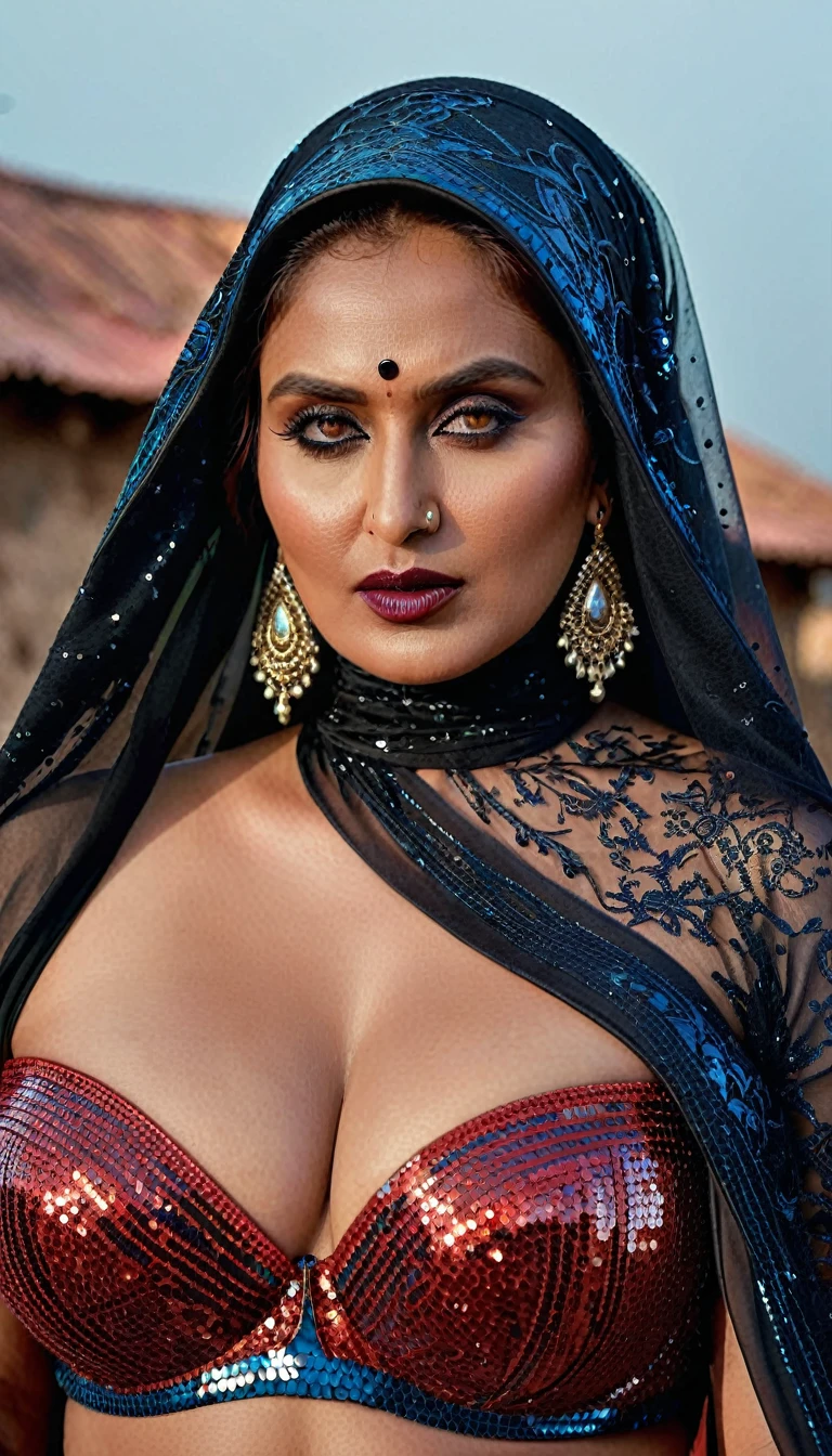 Looks like Huma Qureshi, full body Closeup shot, Big chubby aunty, milf, cougar lady witch, horny Gothic milf,  70 years old gorgeous mature lady, pervert demoness, demoness of lust, curvy, black lips, horny face, extremely gorgeous, thick figure, heavy physique, voluptuous, curvy, sexy figure, Fashionable portrait of androgynous alien looking witch wearing veil, glowing eyes, futuristic design, minimal details, givenchy, photoreal, 200mm, hd, f/ 2.0, highly detailed, surreal, sexy beautiful evil woman, sexy bold sequin Saree with strapless Bra, chudail, Pishachini, horror genre, blood-thirsty enchantress, powerful female spirit, eerie, drop dead, in the style of red and blue, (intricate details, hyperdetailed:1.15) (skin texture:1.2), dark Moody tone, cinematic lighting, haunted place in background, 