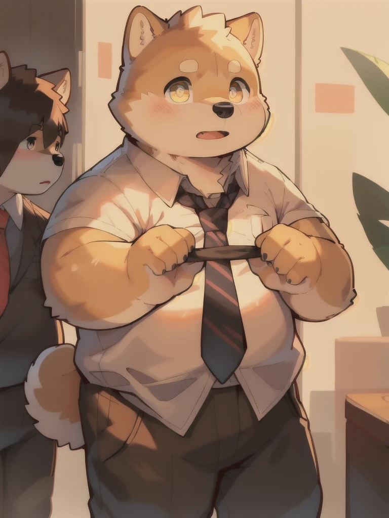 masterpiece, best quality, Perfect anatomical structure, Bright Eyes, Big watery eyes, Provided by RUHU1145, hairy, (Shiba Inu)，Boys, Solitary，Shy，Black pants，White shirt，(tie)，(Chubby body)