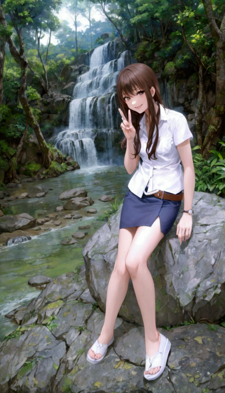 realistic anime illustration of Thai young woman sitting on the big rock, smiling and making a V sign hand gesture, waterfall background, smiling, {she has a brown long hair and wearing white shirt short sleeves, collared button up shirt, black pencil skirt with belt}, (1girl, solo, full body), (masterpiece, best quality), mahalaiuniform