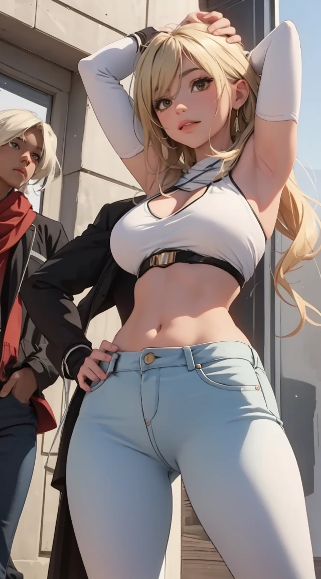 Lumine in very tight jeans, and her african american muscular boyfriend next to her