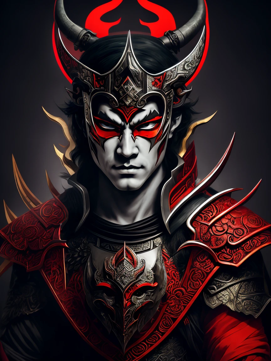 a drawing of a man with a dragon head and a sword, beautiful male god of death, villain wearing a red oni mask, inspired by Kanō Hōgai, cute japanese demon boy, Demon Samurai, Samurai with demon mask, handsome guy in demon slayer art, inspired by Naomi, shinobi, portrait of the god of death, Sachin Teng