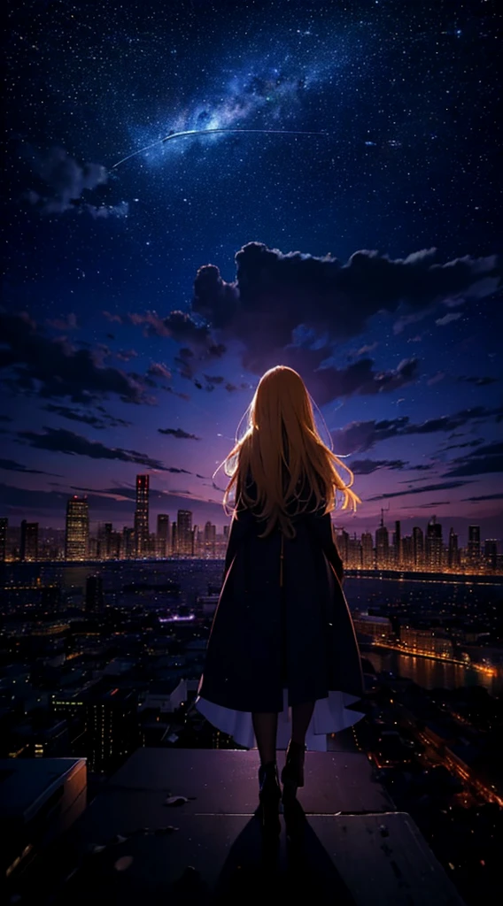 １people々々々々々々,Blonde long-haired woman，Long coat， Dress Silhouette， Rear View，Space Sky, comet, Anime Style, City night view from the rooftop，