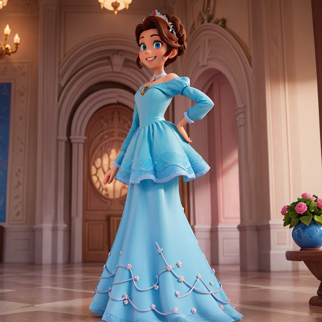 Affiche 3D inspirée de Disney Pixar, Une princesse , yeux bleue , cheveux marron foncé en chignon avec une raie au milleu , sourire heureux, En robe de princesse completement rose , elle est dans un chateau majestueux