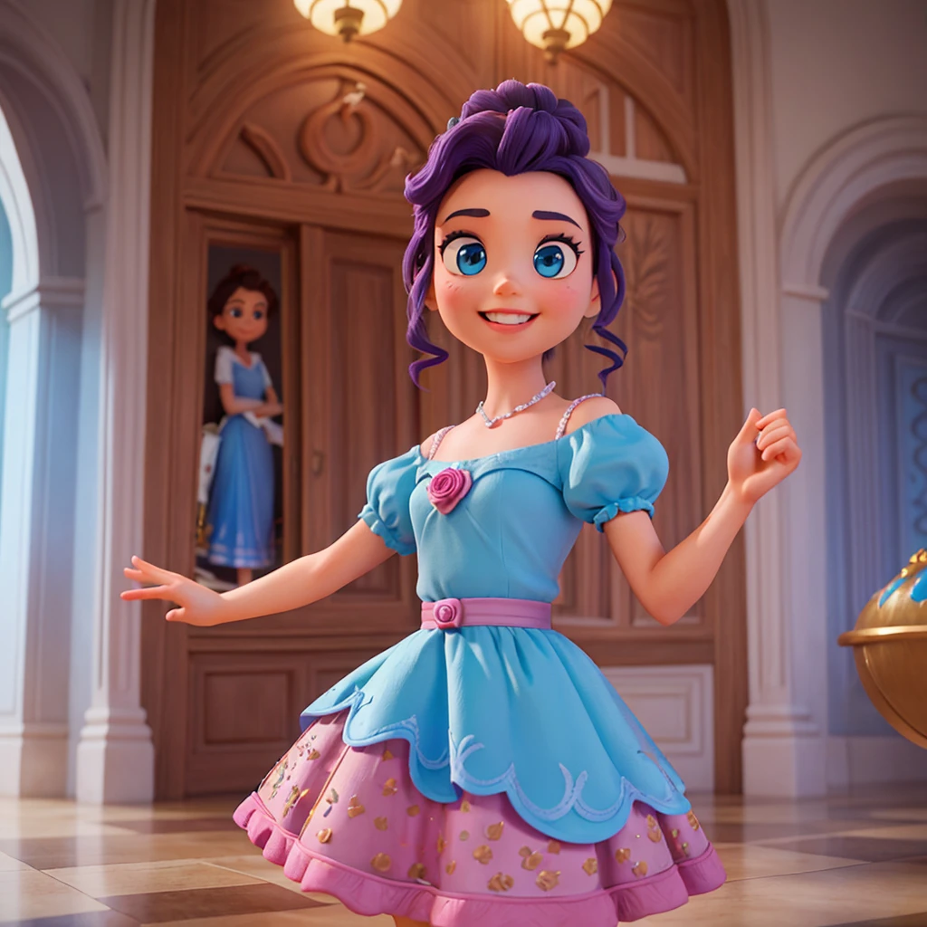 Affiche 3D inspirée de Disney Pixar, Une princesse , yeux bleue , cheveux marron foncé en chignon avec une raie au milleu , sourire heureux, En robe de princesse completement rose , elle est dans un chateau majestueux